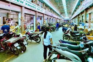 Hoạt động mua bán tấp nập tại chợ thuốc ở phường Hòa Hưng.