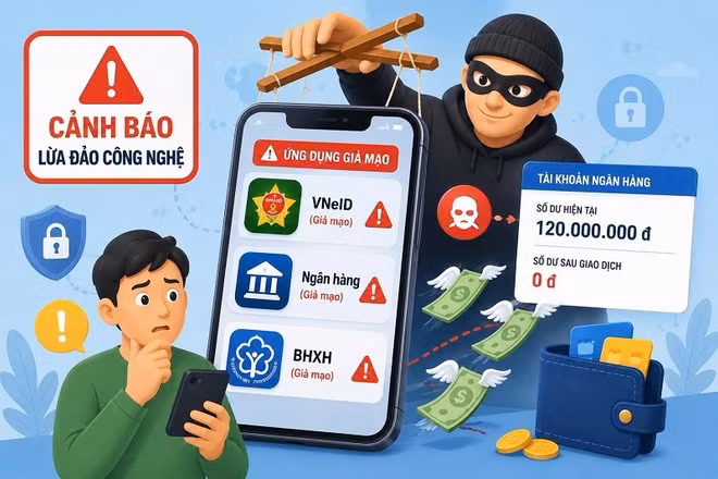 Các đối tượng lừa đảo thường giả mạo ứng dụng của cơ quan nhà nước và ngân hàng để dụ người dân cài đặt mã độc, chiếm đoạt tài sản.
