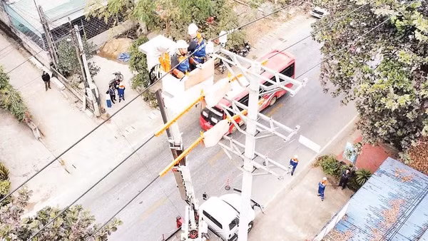 Cán bộ Đội sửa chữa Hotline Công ty Điện lực Tuyên Quang ứng dụng công nghệ sửa chữa không cần cắt điện trên lưới điện 22 kV. 