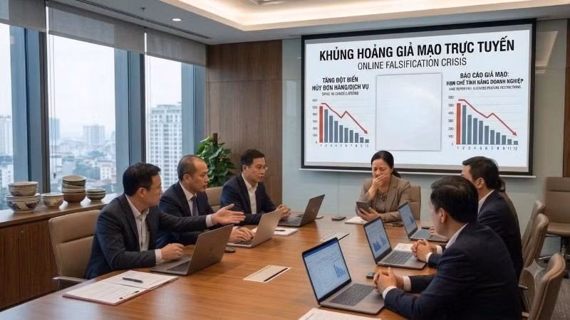Nhiều doanh nghiệp làm ăn chân chính bất ngờ vướng khủng hoảng giả mạo trên mạng xã hội qua Fanpage giả mạo hoặc "bão 1 sao" trên Google Maps. (Ảnh minh họa tạo bởi AI)