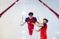 Huấn luyện viên Trương Minh Sang hỗ trợ vận động viên trong bài tập vòng treo.
