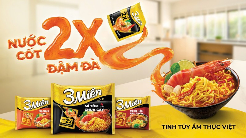 Gói nước cốt 2X gấp đôi đậm đà giúp Mì 3 Miền gói trọn tinh túy ẩm thực Việt trong từng sản phẩm.