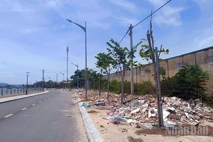 Dọc bờ sông Dinh ngổn ngang chất thải xây dựng.