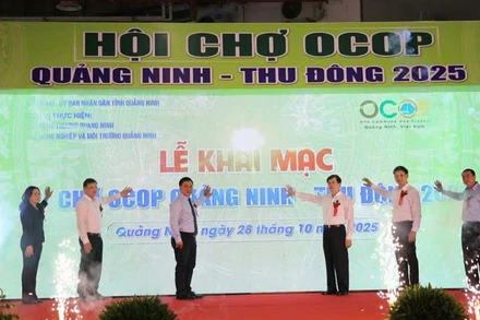Các đại biểu nhấn nút khai mạc Hội chợ OCOP Quảng Ninh-thu đông 2025.