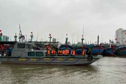 Lực lượng chức năng kiểm tra nơi neo đậu tàu thuyền tránh trú bão.
