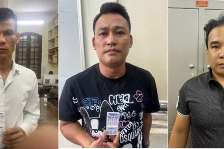 Các đối tượng Lê Văn Nghĩa, Trần Văn Giới và Nguyễn Hồng Nam (từ trái qua phải) tại cơ quan Công an.