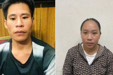 Đối tượng Lều Đức Thắng và vợ là Nguyễn Minh Ánh tại cơ quan Công an.