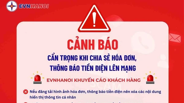 EVNHANOI cảnh báo cẩn trọng khi chia sẻ hóa đơn, thông báo tiền điện lên mạng xã hội. (Ảnh: Minh Thu)