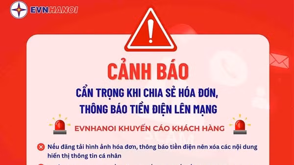 EVNHANOI cảnh báo cẩn trọng khi chia sẻ hóa đơn, thông báo tiền điện lên mạng xã hội. (Ảnh: Minh Thu)