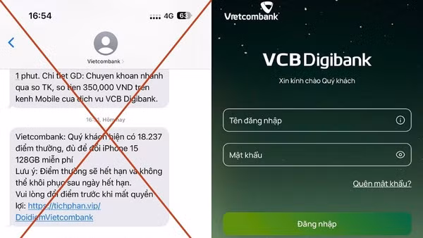 Một tin nhắn mạo danh SMS Vietcombank với nội dung thông báo điểm thưởng hết hạn, hướng dẫn đổi quà để đánh cắp thông tin thẻ