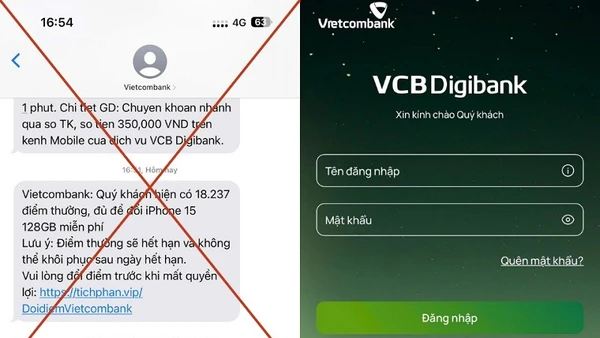 Một tin nhắn mạo danh SMS Vietcombank với nội dung thông báo điểm thưởng hết hạn, hướng dẫn đổi quà để đánh cắp thông tin thẻ