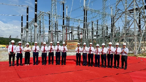 Lãnh đạo Đảng ủy EVN, EVNNPT cùng các đơn vị liên quan thực hiện nghi thức gắn biển công trình. (Ảnh: LÊ CHI)