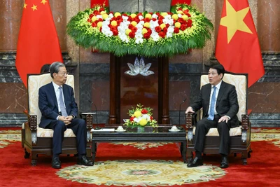 Chủ tịch nước Lương Cường tiếp Ủy viên trưởng Nhân đại toàn quốc Trung Quốc Triệu Lạc Tế. (Ảnh: Thủy Nguyên)