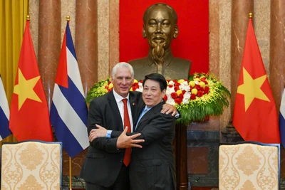 Bí thư Thứ nhất, Chủ tịch nước Cuba Miguel Diaz-Canel Bermudez hội kiến Chủ tịch nước Lương Cường. (Ảnh: THỦY NGUYÊN)