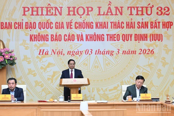 Thủ tướng Chính phủ Phạm Minh Chính chủ trì phiên họp lần thứ 32 của Ban Chỉ đạo Quốc gia về IUU. (Ảnh: TRẦN HẢI)