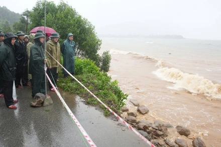 Lãnh đạo UBND thành phố Huế kiểm tra điểm sạt lở bờ biển thôn Tân An Hải.