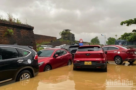 Xe ô-tô đậu thành nhiều hàng bịt kín cầu thủy Quan (ảnh lụt ngày 27/10)