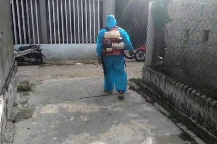 Cơ quan chức năng tiến hành khử khuẩn khu vực phát hiện lợn có dấu hiệu bất thường.