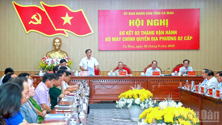 Ủy viên dự khuyết Trung ương Đảng, Phó Bí thư Thường trực Tỉnh ủy Cà Mau Huỳnh Quốc Việt (đứng) tham gia ý kiến tại Hội nghị sơ kết vận hành chính quyền địa phương 2 cấp. ndo_br_2-cap-5-2983.jpg