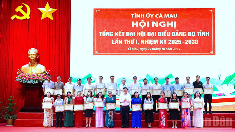 Phó Bí thư Tỉnh ủy, Chủ tịch Ủy ban nhân dân tỉnh Cà Mau Phạm Thành Ngại (giữa, hàng dưới) tặng Bằng khen cho các cá nhân có nhiều đóng góp vào thành công của đại hội đảng bộ tỉnh. ndo_br_tong-ket-9-4088.jpg