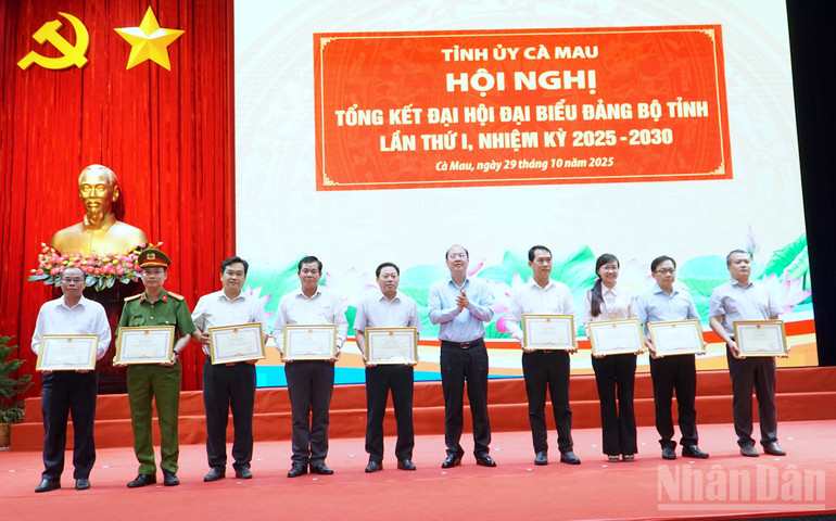 Bí thư Tỉnh ủy Nguyễn Hồ Hải (giữa) tặng Bằng khen cho các tập thể có nhiều đóng góp vào thành công chung của đại hội. ndo_br_tong-ket-2.jpg