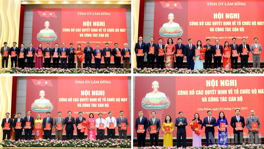 Lãnh đạo tỉnh Lâm Đồng trao quyết định cho lãnh đạo các sở: Y tế, Giáo dục và Đào tạo, Tài chính và Tư pháp. ndo_br_2-so.jpg