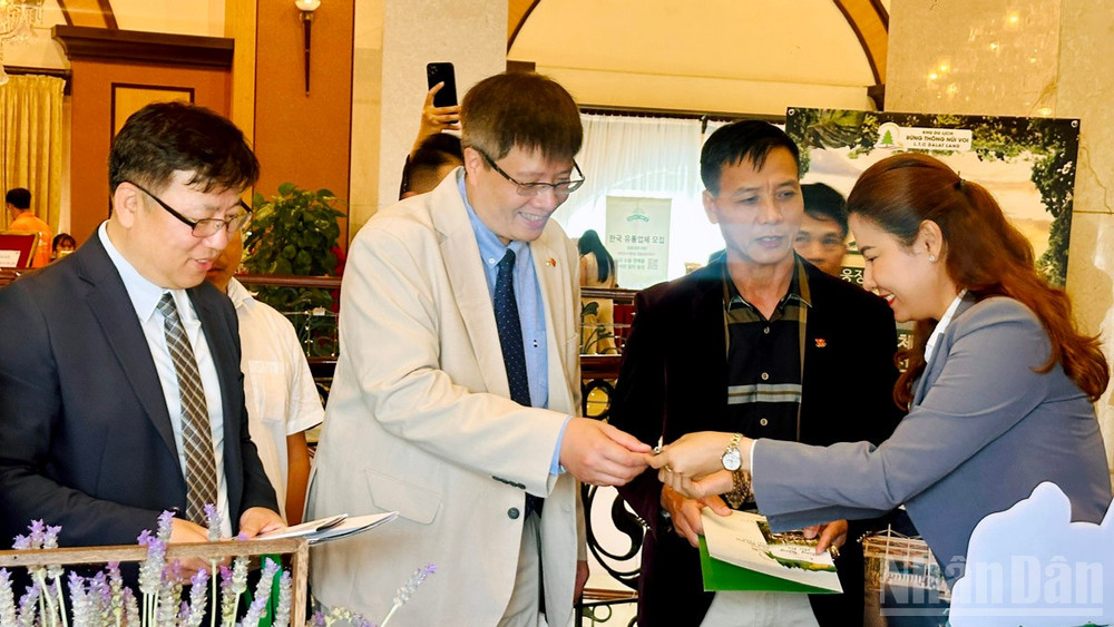 Chủ tịch Hiệp hội Doanh nhân và Đầu tư Việt Nam-Hàn Quốc Trần Hải Linh (thứ hai, bên trái) cùng đại biểu tham quan, tìm hiểu các chương trình xúc tiến du lịch trong khuôn khổ chương trình. ndo_br_4.jpg