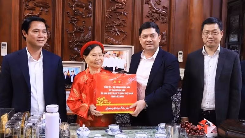 Đồng chí Bí thư Tỉnh ủy Bắc Ninh Nguyễn Hồng Thái và các đồng chí lãnh đạo tỉnh động viên, tặng quà Tết cụ Lê Thị Sậu (thôn Núi Móng, xã Đại Đồng).