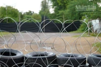 Hàng rào biên giới bằng dây thép gai và lốp xe, được chụp từ phía Banteay Meanchey, Campuchia ngày 29/8/2025. (Ảnh: ĐINH TRƯỜNG)