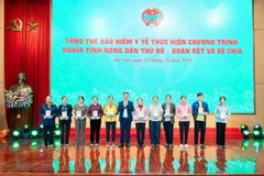 Phó Giám đốc Bảo hiểm xã hội tỉnh Trần Ngọc Tuấn cùng các đại biểu trao tặng thẻ bảo hiểm y tế cho người dân