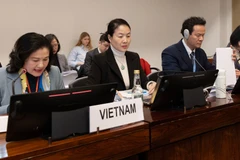 Thứ trưởng Nội vụ Nguyễn Thị Hà (ngoài cùng bên trái) cùng đoàn đại biểu Việt Nam tại Phiên bảo vệ Báo cáo quốc gia lần thứ 9 về thực thi Công ước CEDAW. (Ảnh Đoàn đại biểu liên ngành Việt Nam)