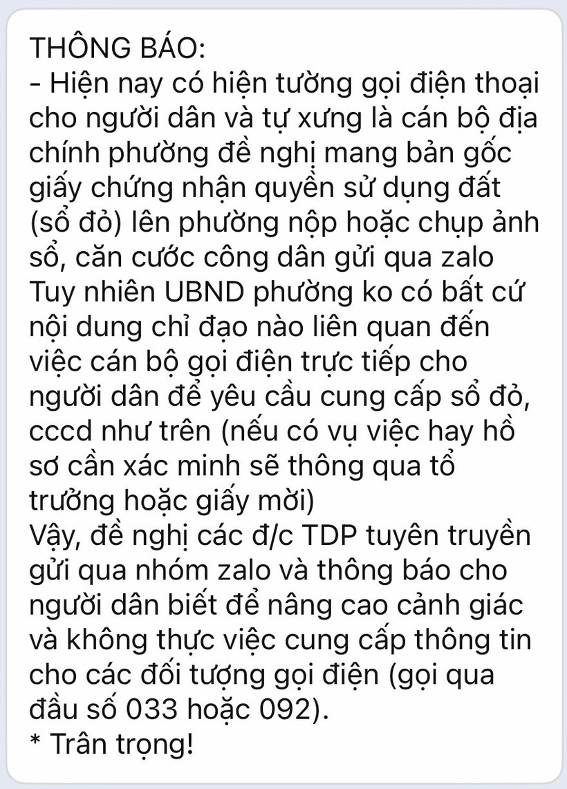 Thông tin cảnh báo của chính quyền địa phương về tình trạng giả danh "cán bộ địa chính".
