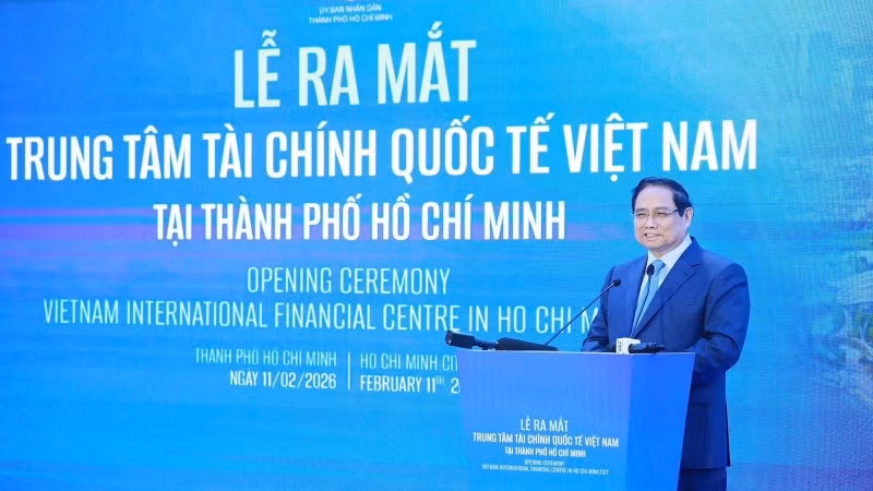 Thủ tướng Chính phủ Phạm Minh Chính phát biểu tại Lễ ra mắt Trung tâm Tài chính quốc tế Việt Nam tại Thành phố Hồ Chí Minh.