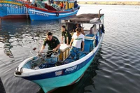 Cán bộ, chiến sĩ Đồn Biên phòng Hòa Hiệp Nam kiểm tra tàu cá mang số hiệu PY 31622TS.