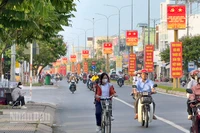 Đường Nguyễn Huệ ở phường Long Châu, tỉnh Vĩnh Long rợp bóng cờ hoa. 
