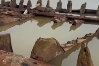 Một phần thân tàu cổ phát lộ sau khi thuỷ triều xuống. (Ảnh: Người dân cung cấp)