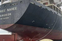 Tàu chở hàng Mayuree Naree đăng ký tại Thái Lan bị tấn công ở khu vực eo biển Hormuz ngày 11/3/2026. (Ảnh: THX/TTXVN)