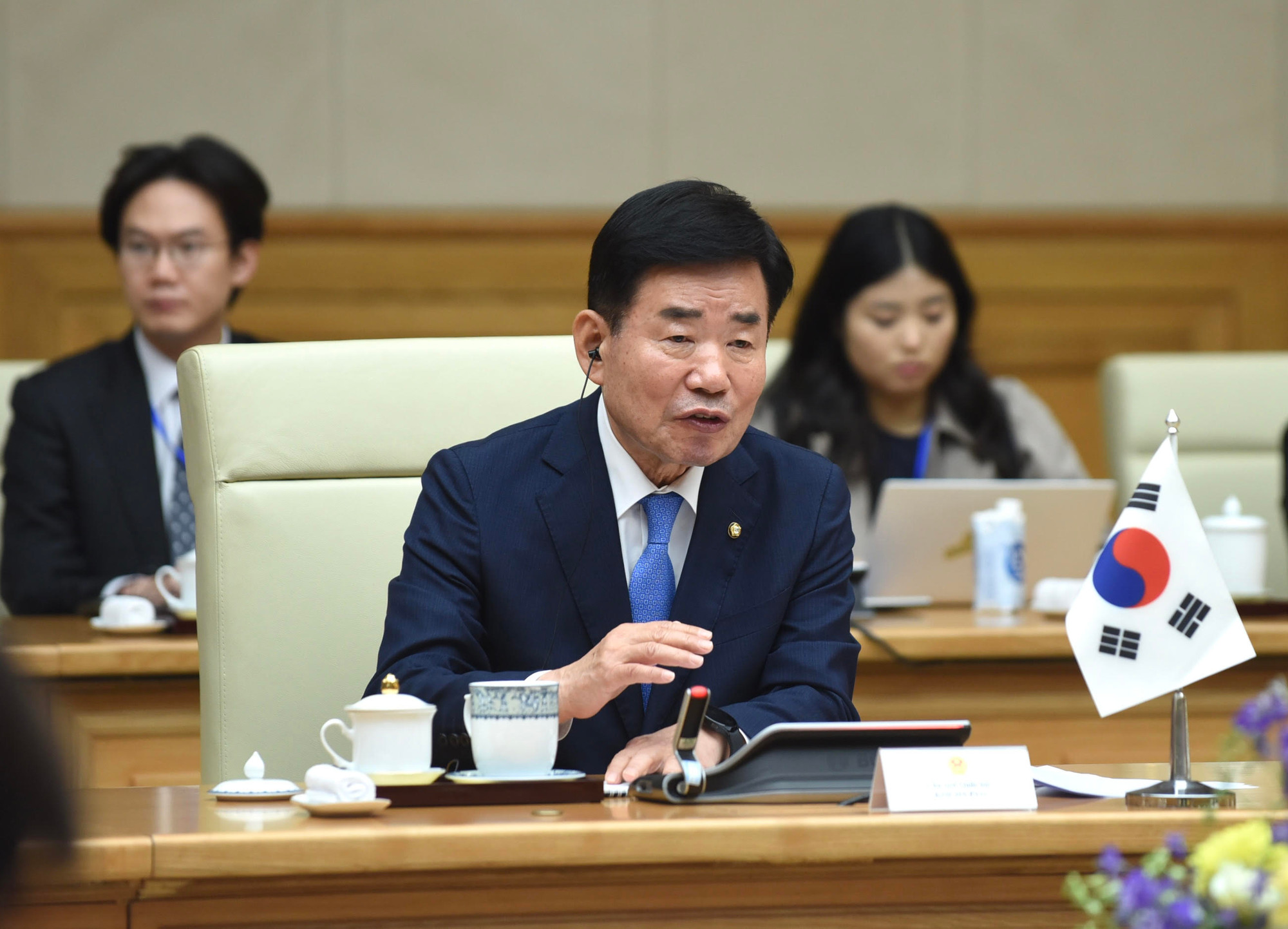 Chủ tịch Quốc hội Hàn Quốc Kim Jin-pyo phát biểu.