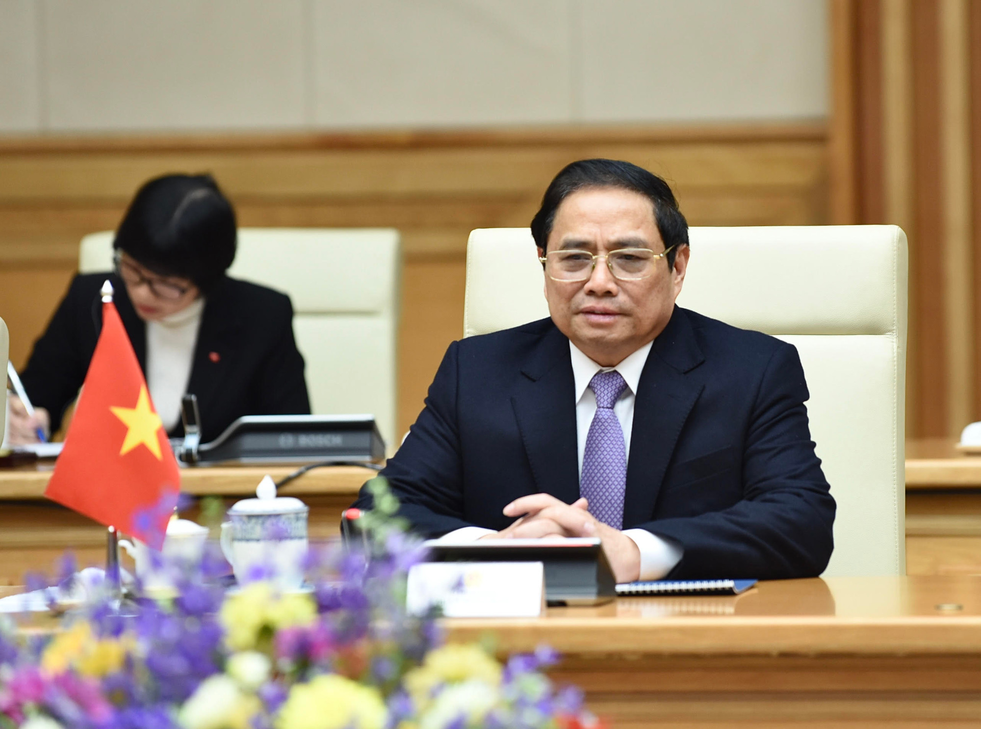 Thủ tướng Phạm Minh Chính phát biểu tại cuộc tiếp Chủ tịch Quốc hội Hàn Quốc Kim Jin-pyo.