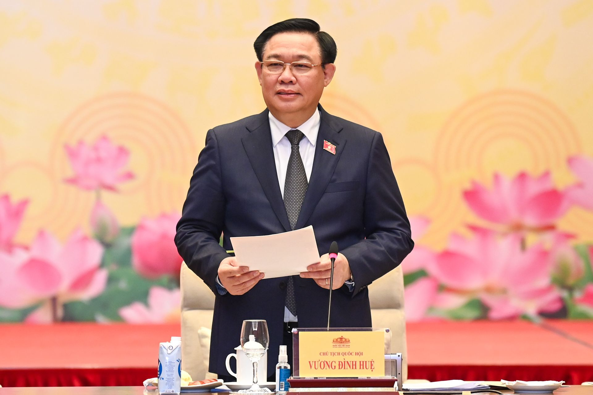 Chủ tịch Quốc hội Vương Đình Huệ phát biểu tại buổi gặp mặt.