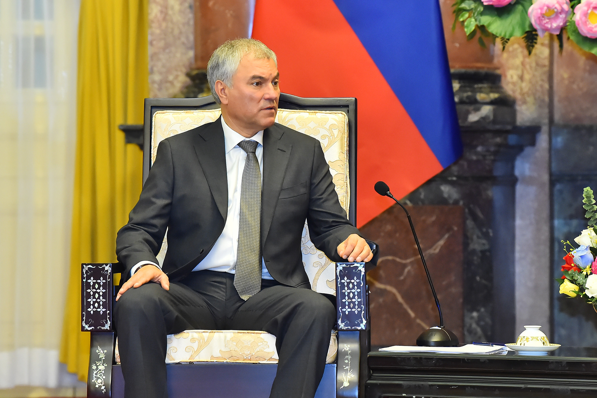 Chủ tịch Duma Quốc gia Quốc hội Liên bang Nga Vyacheslav Viktorovich Volodin phát biểu đáp từ Chủ tịch nước Võ Văn Thưởng tại buổi tiếp.