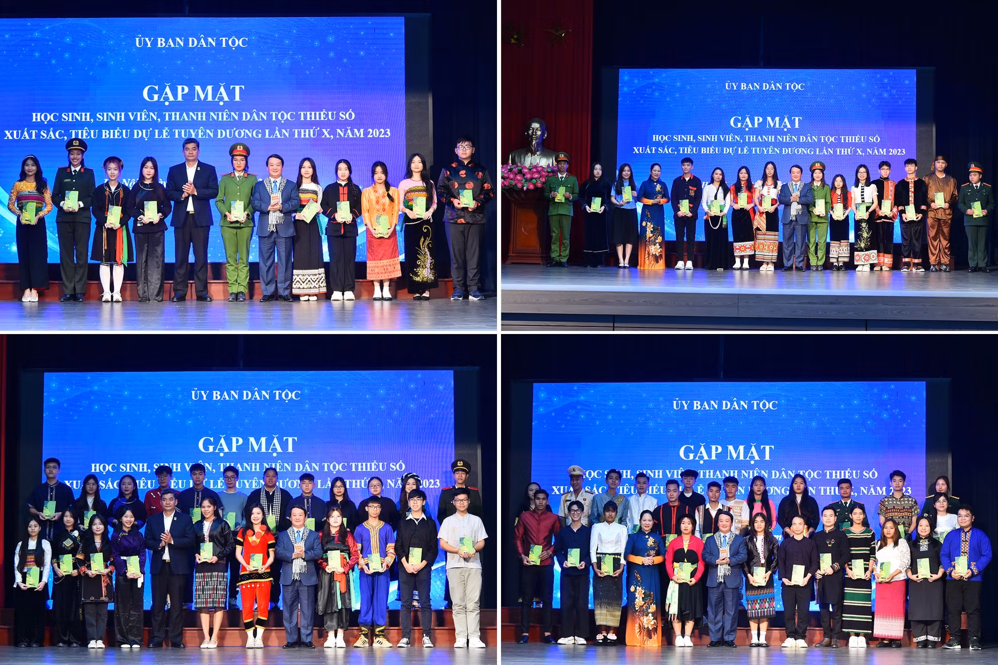 Bộ trưởng, Chủ nhiệm Ủy ban Dân tộc Hầu A Lềnh cùng các đồng chí lãnh đạo Ủy ban Dân tộc trao quà tặng các bạn học sinh, sinh viên, thanh niên dân tộc thiểu số xuất sắc, tiêu biểu tại buổi gặp mặt.