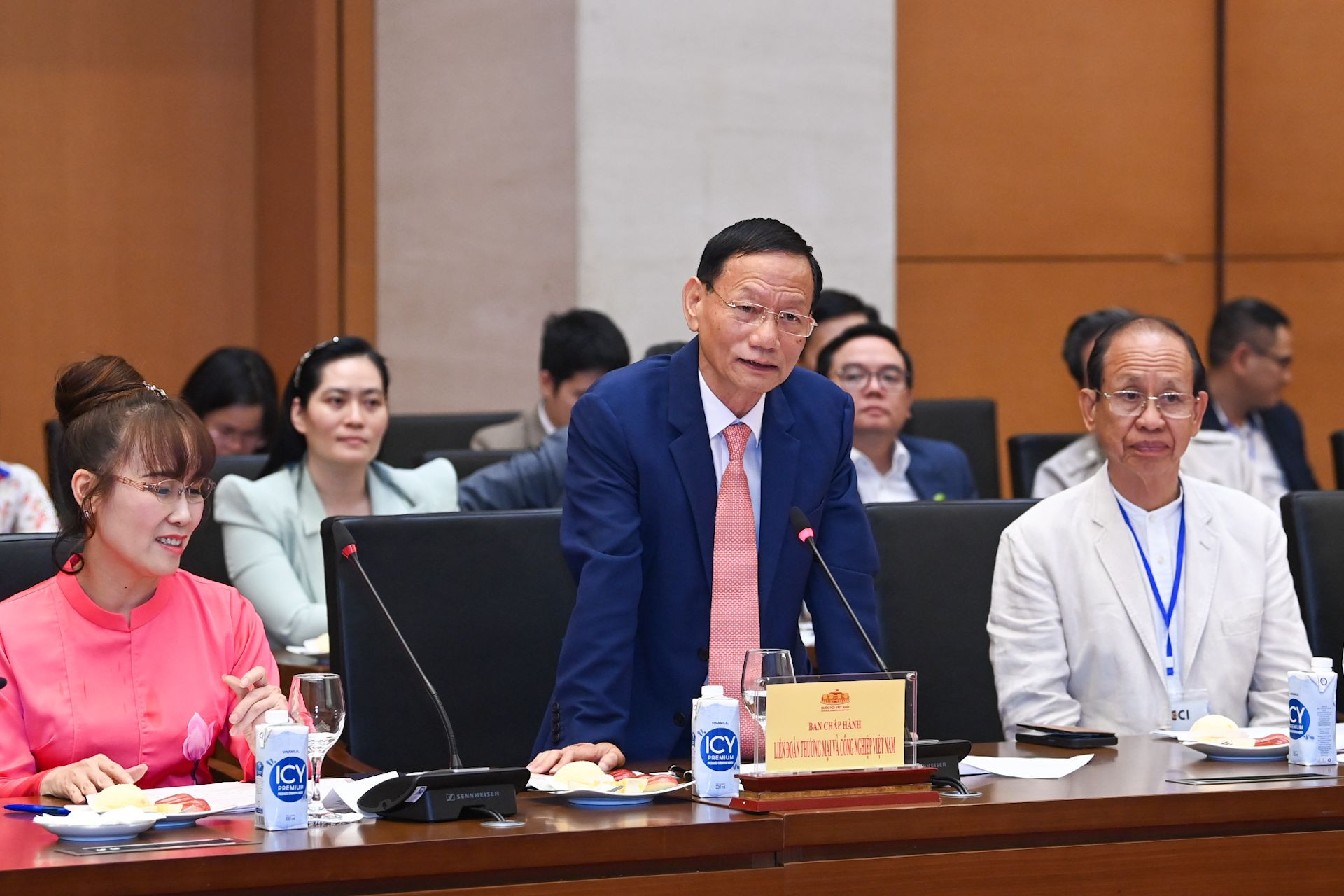 Doanh nhân Vũ Văn Tiền, Chủ tịch Tập đoàn Geleximco phát biểu tại buổi gặp mặt.