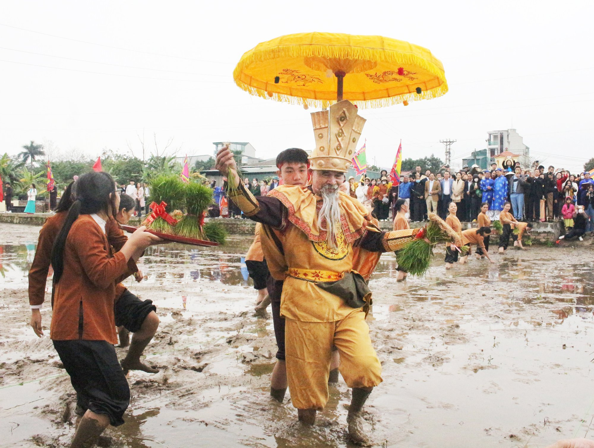 Nghi lễ Vua Hùng dạy dân cấy lúa được tổ chức trang nghiêm. Tương truyền xưa kia người dân chưa biết cấy cày, ăn lúa gạo mà chỉ biết ăn rễ cây, thịt thú rừng. Khi đi qua nơi này, Vua Hùng thấy đất đai phì nhiêu, màu mỡ liền gọi người dân đắp bờ giữ nước bày cách cho người dân gieo mạ, cấy lúa.