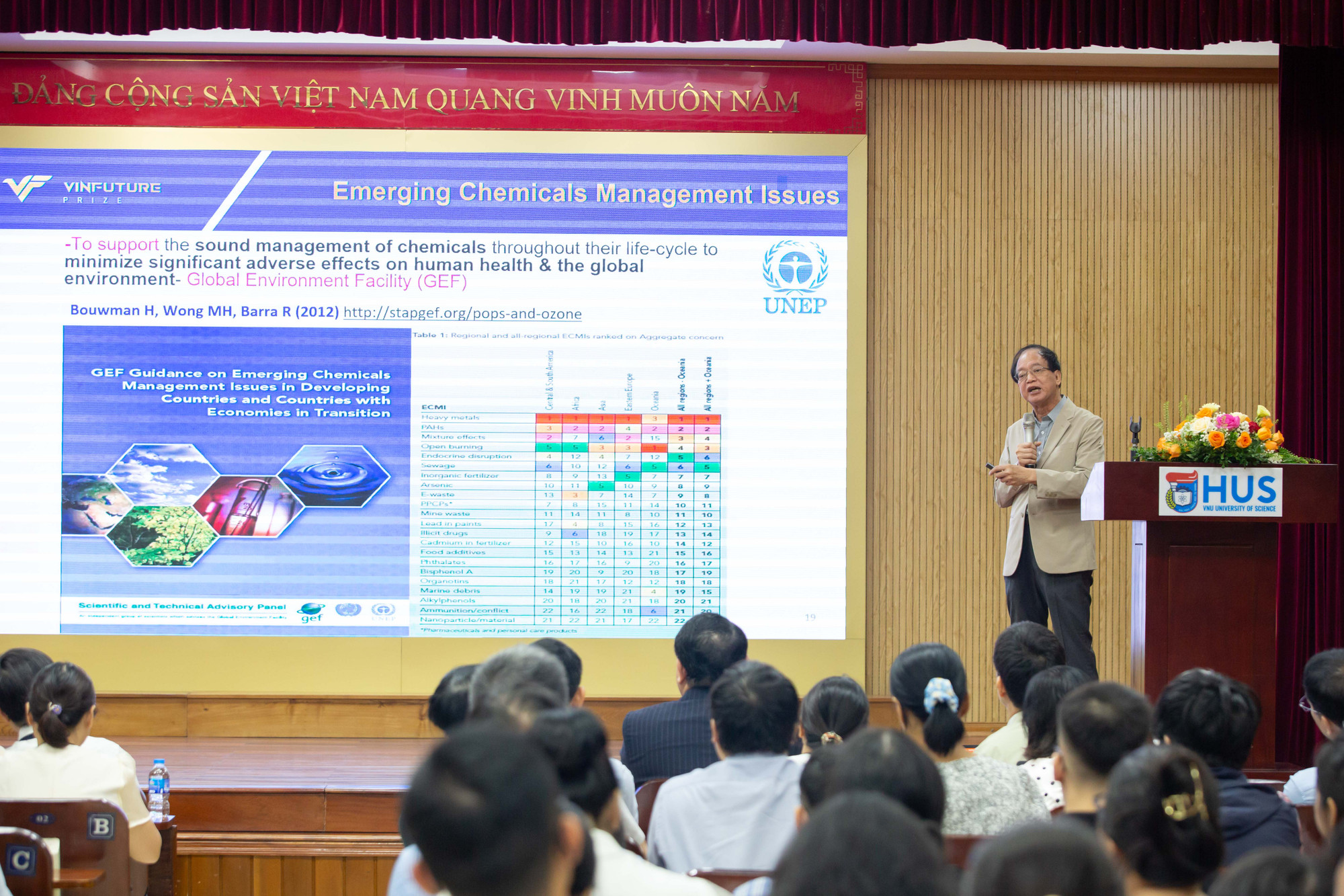 Giáo sư Ming Hung Wong (Đại học Giáo dục Hồng Kông, Trung Quốc) chia sẻ những nghiên cứu về chất độc môi trường tại hội thảo.