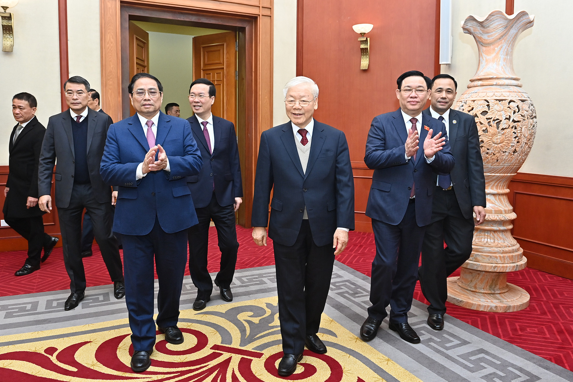 Tổng Bí thư Nguyễn Phú Trọng cùng các đồng chí lãnh đạo Đảng, Nhà nước dự chúc Tết.