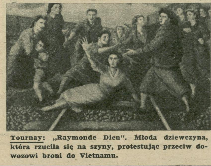 Hình ảnh Raymonde Dien dũng cảm nằm chắn trên đường ray tàu hỏa, chặn đoàn tàu chở vũ khí, binh lính từ Pháp sang Việt Nam.