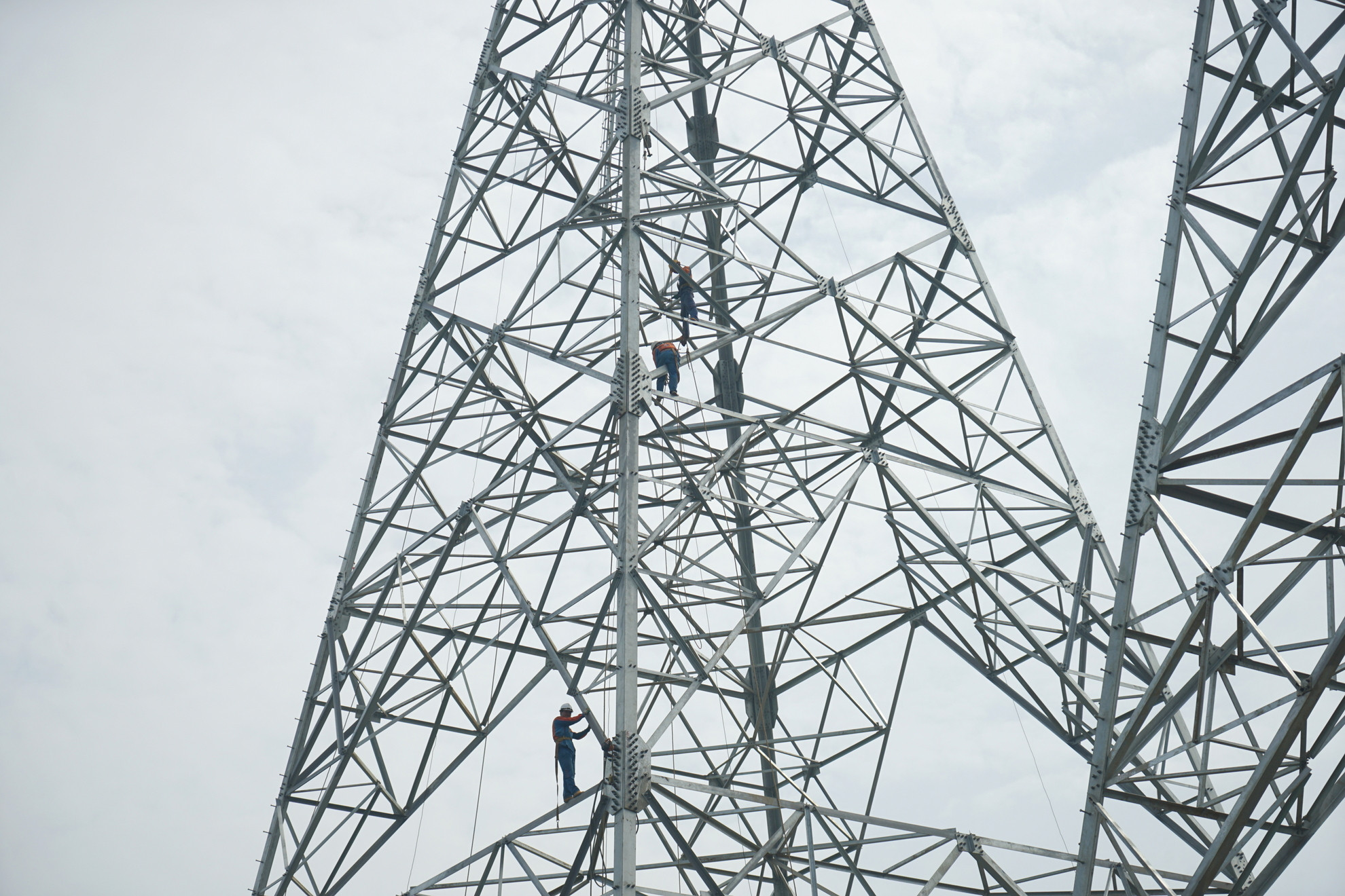 Công nhân đang gia cố cột trước khi thi công kéo dây tại xã Phong Lộc, huyện Hậu Lộc, tỉnh Thanh Hóa.