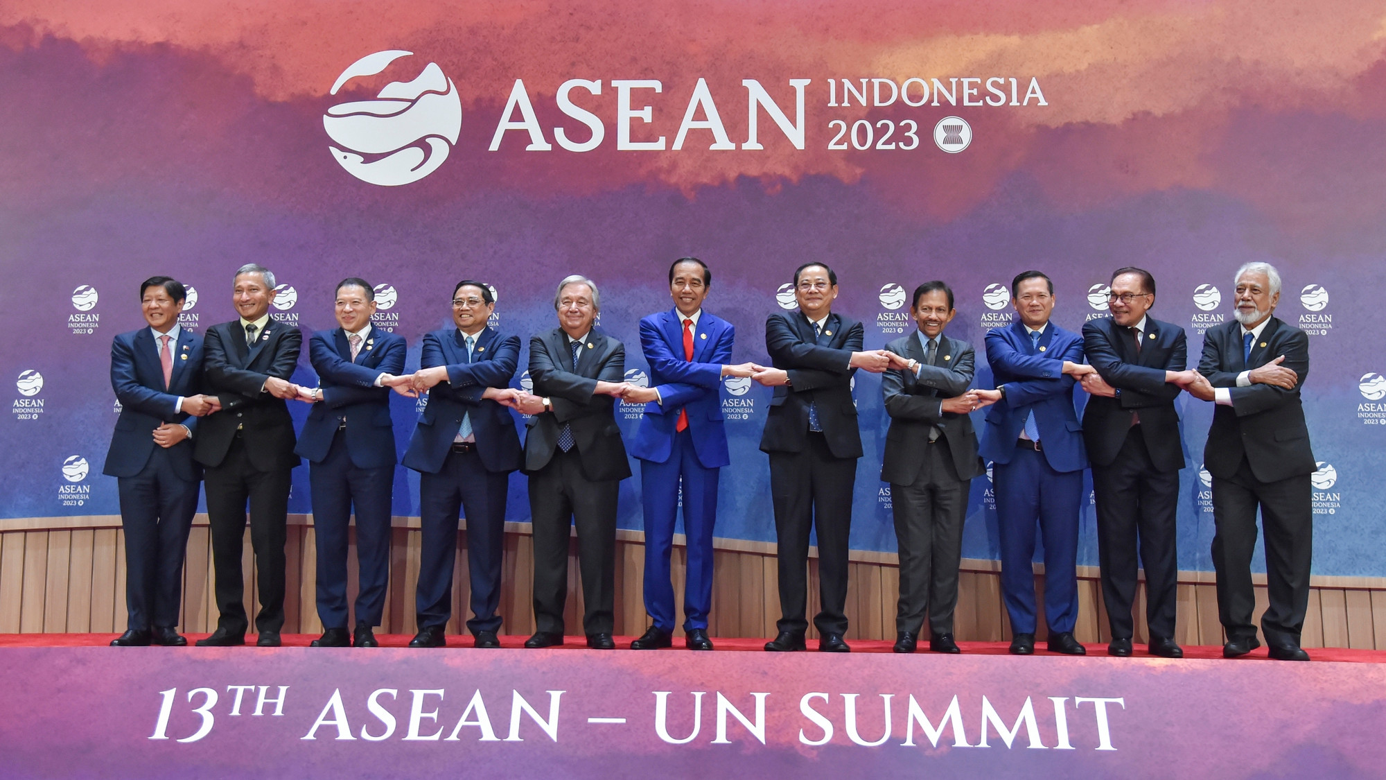 Thủ tướng Phạm Minh Chính và Trưởng đoàn các nước tham dự Hội nghị Cấp cao ASEAN-Liên Hợp Quốc lần thứ 13 tại Jakarta, Indonesia, tháng 9/2023. (Ảnh: VGP)