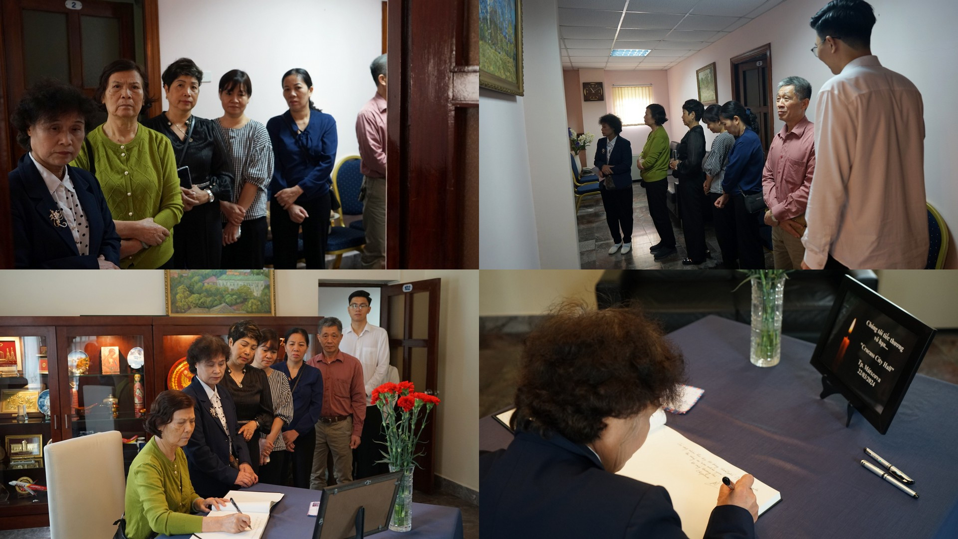 Người dân xếp hàng ghi sổ tang viếng các nạn nhân thiệt mạng trong vụ khủng bố ngày 22/3. (Ảnh: TRUNG HƯNG)